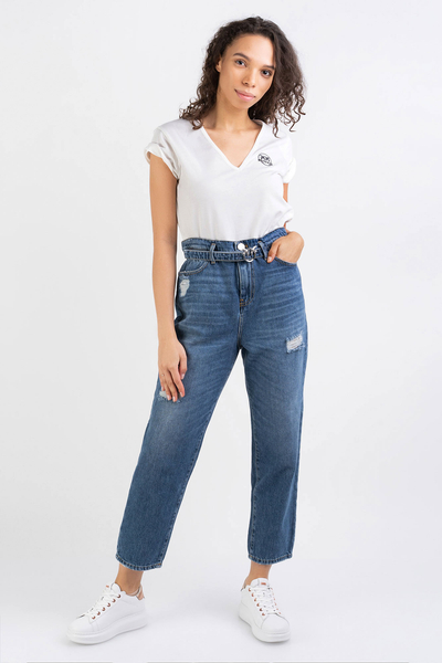 PINKO Jeansy niebieskie z paskiem Flexi Maddie Mom