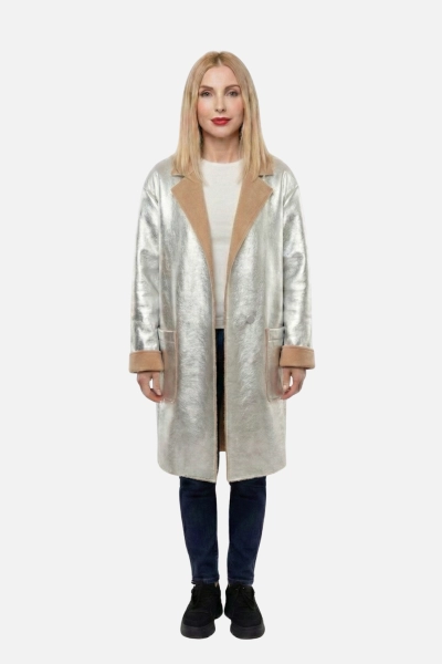 PINKO dwustronny płaszcz Estate Reversible Coat beżowo srebrny 