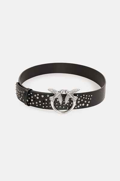 PINKO Pasek z srebrną klamrą i jetami czarny LOVE SWEET PUNKY BELT H4
