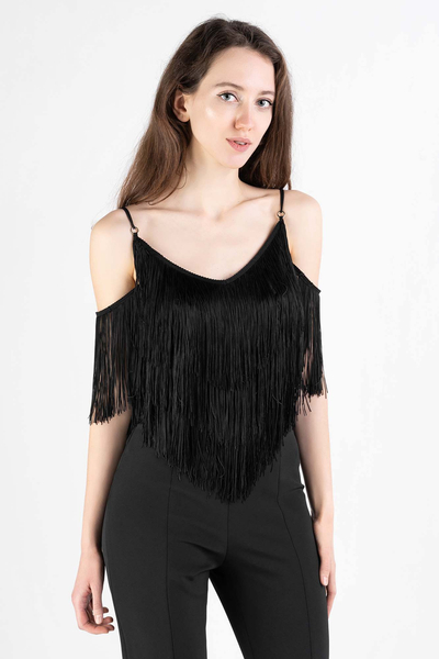 PINKO Top czarny z frędzlami GIAPPONE