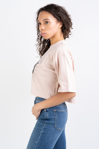 PINKO T-shirt różowy crop top z nadrukiem Jersey Heart A
