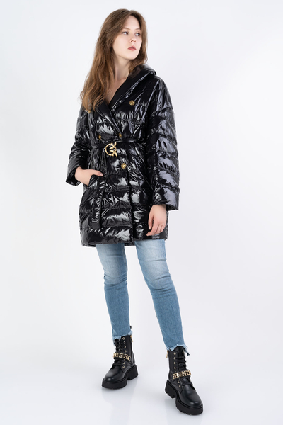 PINKO kurtka zimowa puchowa z połyskiem na zatrzaski czarna IZAR IMBOTTITO