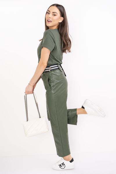 PINKO spodnie ze skóry ekologicznej z paskiem Zielone BIELLA