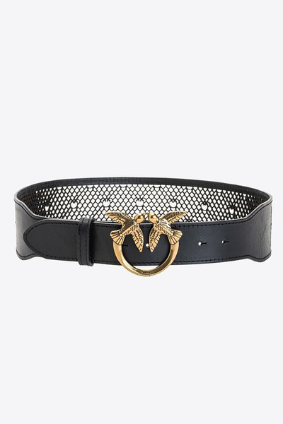 PINKO Pasek z złotą klamrą wygrawerowany z tyłu czarny LOVE MONOGRAM BELT H6 PELLE LA