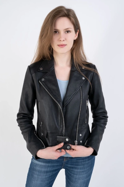 PINKO kurtka skórzana ramoneska Sensibile ze srebrnymi wykończeniami