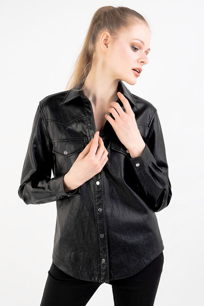 PINKO Koszula skórzana na zatrzaski czarna CIAMBELLA