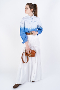 PINKO Koszula w paski biała z niebieskim gradientem ku dołu wiązana Carpi Camicia  