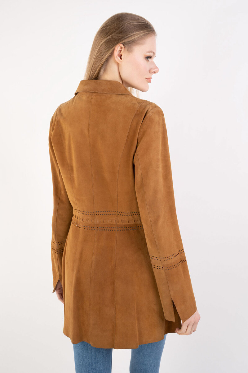  ARTICO Płaszcz skórzany w stylu country camelowy 