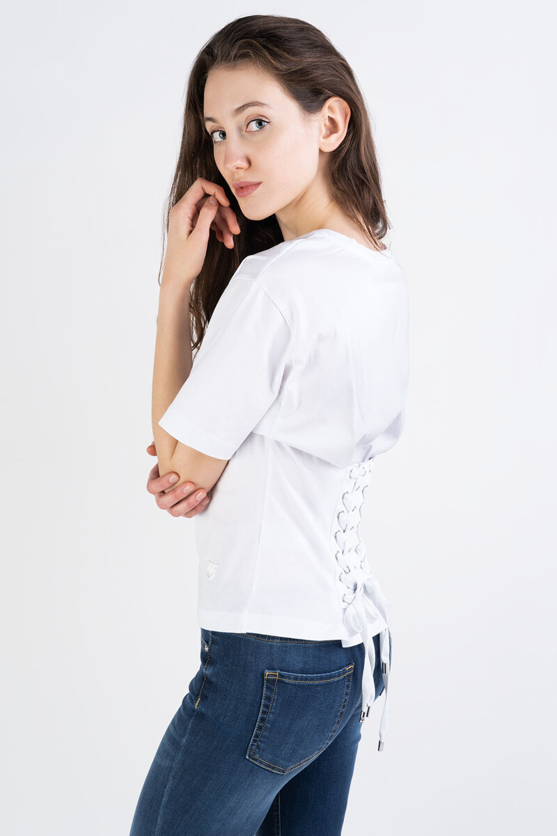 PINKO T-shirt biały z wiązaniem gorsetowym na plecach Tatami 