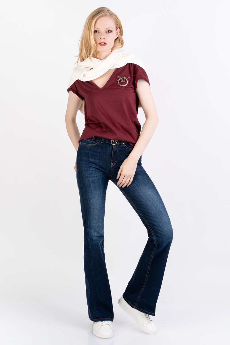 PINKO T-shirt burgundowy z dekoltem w serek Turbato