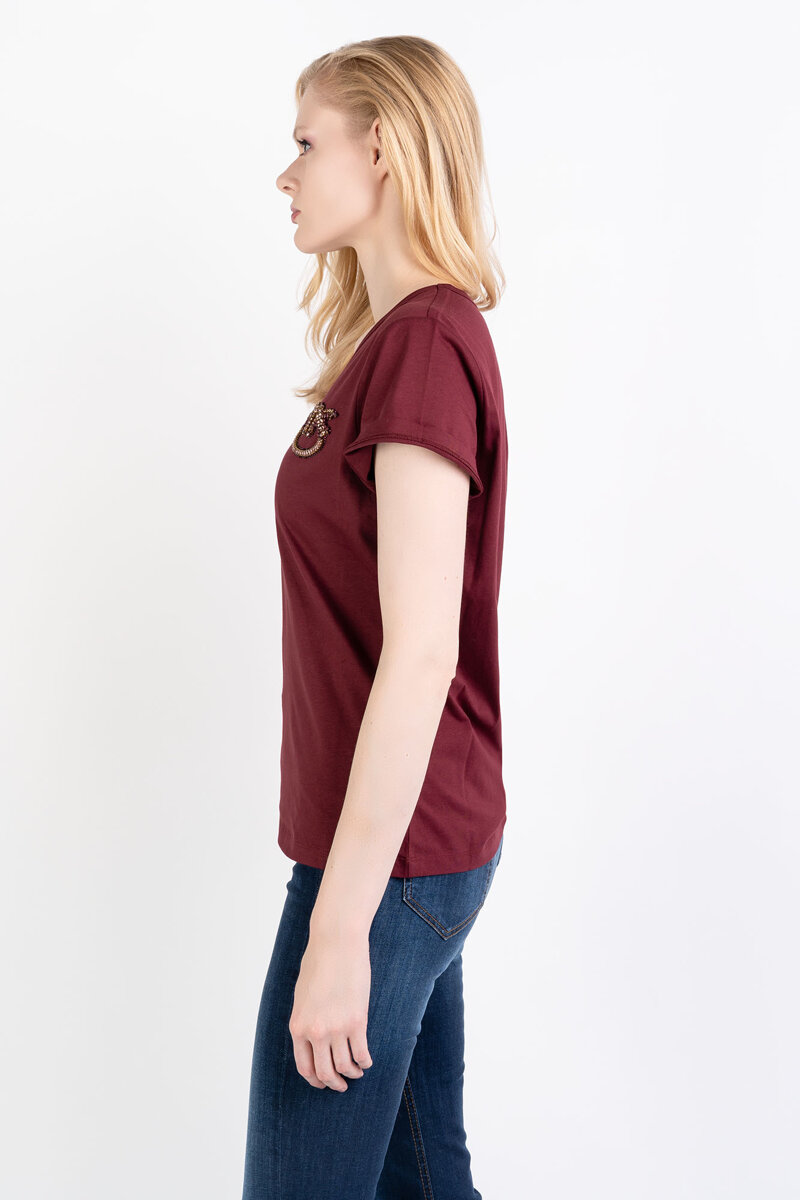 PINKO T-shirt burgundowy z dekoltem w serek Turbato