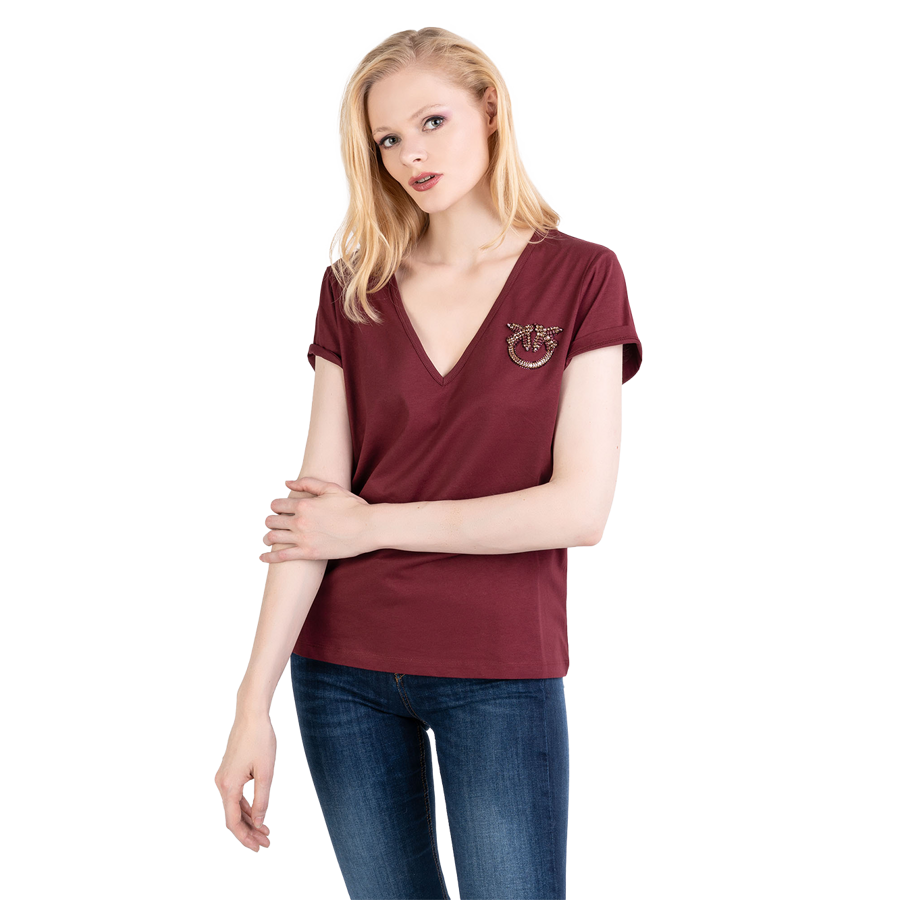 PINKO T-shirt burgundowy z dekoltem w serek Turbato